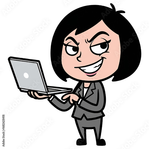 A Cunning Cartoon Businesswoman Holding a Laptop with a Sly Grin, Vector Illustration of a Smug Female Entrepreneur with Technology, business, technology, strategy, and marketing in a fun and approach
