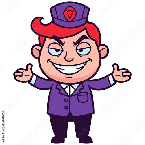 Vector Illustration of a Smug or Sly Business Man or Salesman, Comic Graphic of a Villainous Male Character in a Purple Suit, business, marketing, or comics, and can represent concepts like a charming