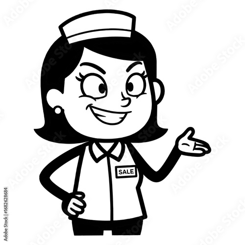 A Confident and Smiling Cartoon Female Seller Pointing to the Side, Monochrome Vector Illustration of a Friendly Saleswoman, use as a mascot, for promotional materials, and for themes related to sales