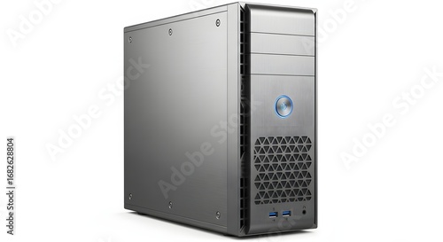 Modern silver tower computer workstation with blue dell logo and ventilation grille