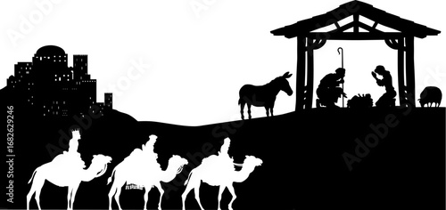 A Christmas nativity scene with baby Jesus in the manger, wise men and city of Bethlehem in the background