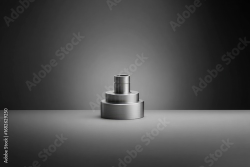 Three tiered cylindrical metal object on a plain surface