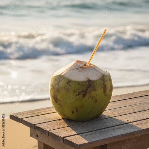 coconut with straw in the beach