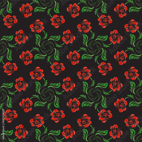Vector floral seamless pattern from hand painted poppy flowers on a black background