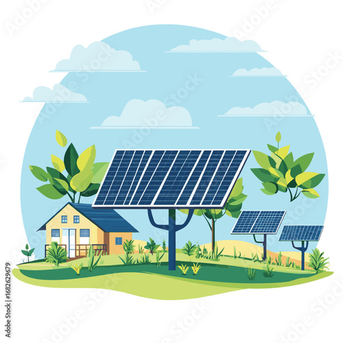 Vector illustration. Renewable energy, solar panels station concept, green electricity. Plant. Eco, ecology, natural. On white background. Blue. Eps 10 , vector style simple color