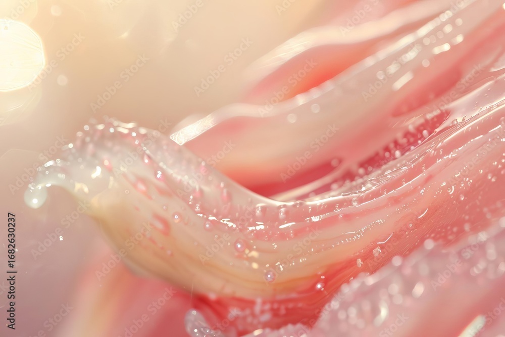 Fototapeta premium A close-up, macro view of pink flower petals with glistening water droplets and soft, blurred highlights.