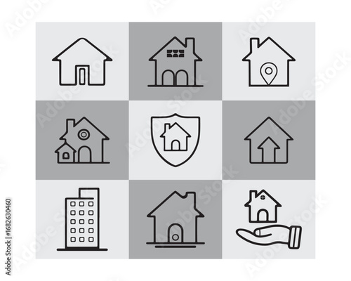 Real estate icons set with property, building, agent, transaction and housing service for web app design, icon