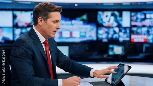 Breaking News Male Anchor Presenting Information From Modern Studio Interior With Tablet And Multiple Screens In The Background