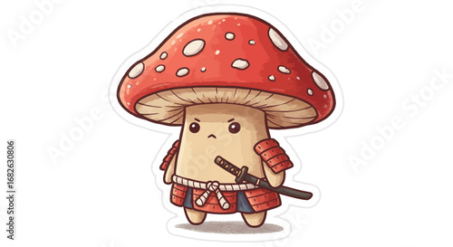 Cute Mushroom as Samurai Colored Pencil Sticker Illustration