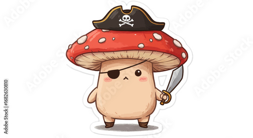 Cute Mushroom as Pirate Colored Pencil Sticker Illustration