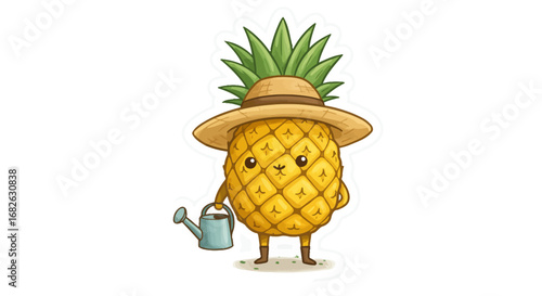 Cute Pineapple as Gardener Colored Pencil Sticker Illustration