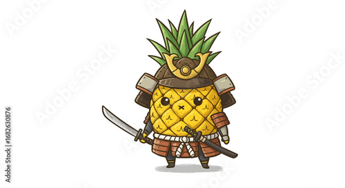 Cute Pineapple as Samurai Colored Pencil Sticker Illustration