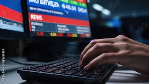 Breaking News Displayed On A Computer Screen With Hands Typing On The Keyboard In A Dark Office Environment