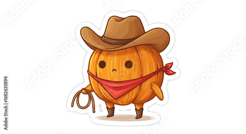 Cute Pumpkin as Cowboy Colored Pencil Sticker Illustration