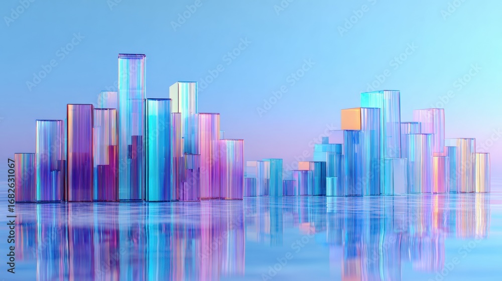 Obraz premium A vibrant cityscape made of transparent blocks reflects beautifully on a still water surface, showcasing stunning hues at sunset.