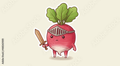 Cute Radish as Medieval Knight Colored Pencil Sticker Illustration