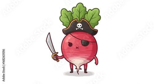 Cute Radish as Pirate Colored Pencil Sticker Illustration