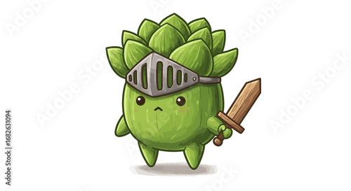 Cute Succulent as Medieval Knight Colored Pencil Sticker Illustration