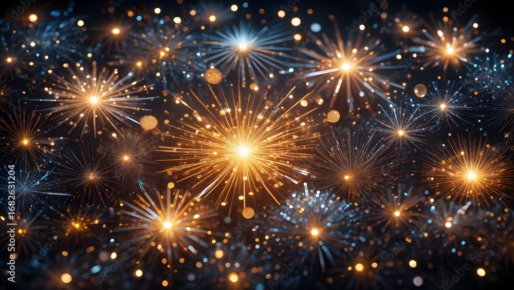 Naklejka premium Exploding fireworks display illuminating the night sky with brilliant golden bursts
