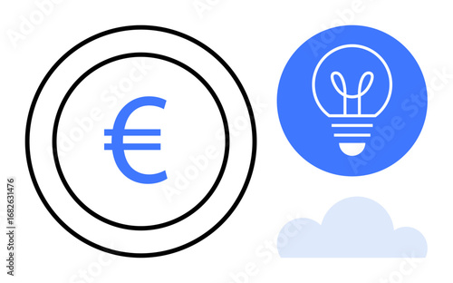 Euro sign in a circle, glowing lightbulb, and cloud. Ideal for finance, innovation, creativity, technology, entrepreneurship, economy digital solutions simple landing page