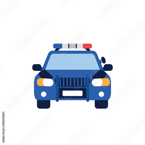 A minimalist 2D flat vector illustration of a police car in a front view, featuring solid blue and white colors, isolated on a clean white background.