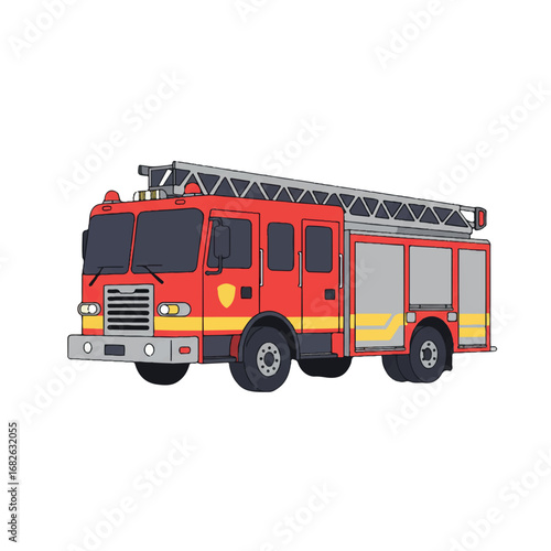A vibrant red and yellow fire truck flat vector illustration presented in a stylized 3/4 view with clean lines, isolated cleanly on a white background for web graphics.
