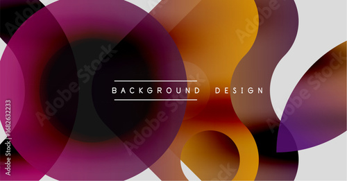 Abstract circles overlap, creating vibrant color gradients. Modern design features purple, orange, white hues. Minimalist aesthetic.