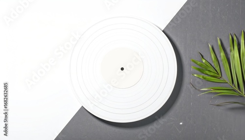 A white vinyl record sits atop a divided white and grey surface, accompanied by a palm frond, creating a minimalistic, clean aesthetic
