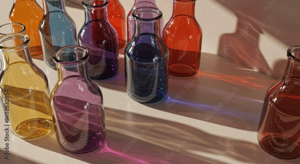 Obraz premium Colored liquids in glass bottles cast vivid shadows on a tan surface under bright sunlight