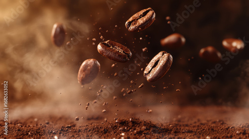 Coffee bean close up with soft coffee mist and powder on matte brown background, creating warm and rich atmosphere with depth of field effect