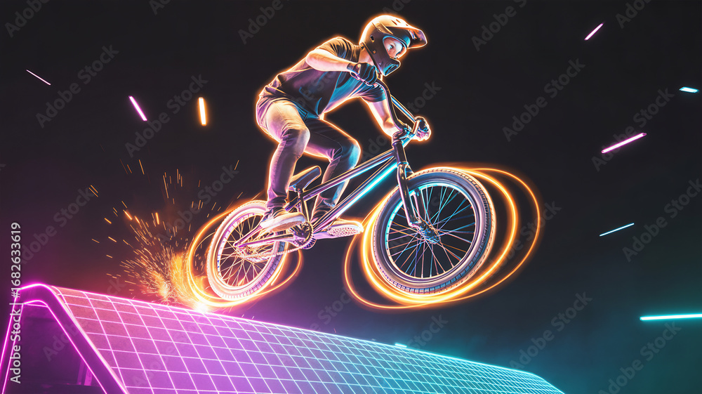 Fototapeta premium Neonlit bmx biker performs a stunt on a ramp against a showcasing extreme sports and vibrant lighting effects with sparks flying