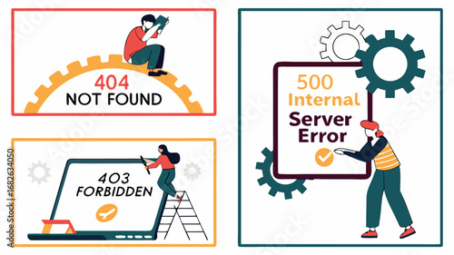 Website Error Illustrations Depicting Common HTTP Status Codes and Server Issues with Cartoon Characters, Gears, and Text