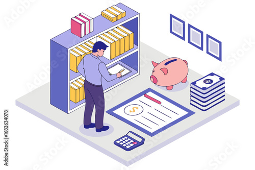 Financial Planning and Budgeting Illustration Isometric Style A Man Stands Near Shelf Piggy Bank and Documents
