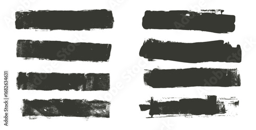 Linocut texture lines. Ink roller long stripes background. Grunge letterpress rectangles. Dry black brayer stroke isolated on white background. Painted relief stains. Vector lino illustration