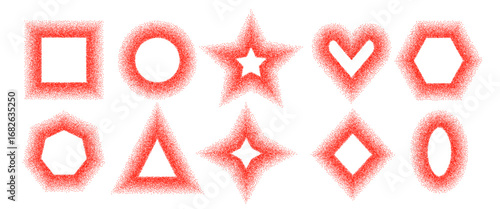 Red noisy geometric shapes stencil frames set. Grainy textured sweet paprika borders in circle, rhombus, star forms. Masala red powder text boxes on white background. Vector graffiti illustration.