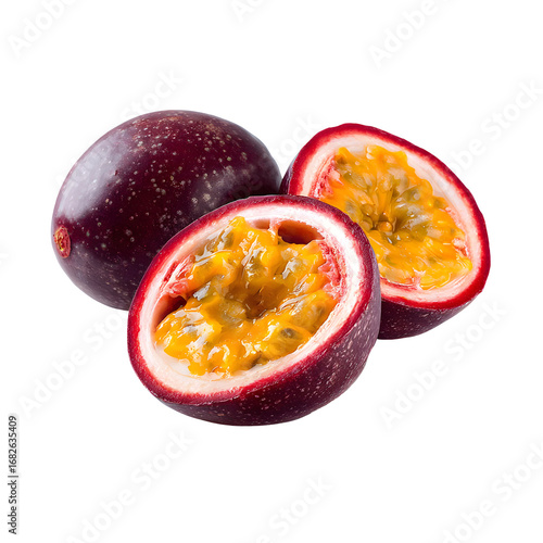 Vibrant passion fruit still life showcasing its exotic interior against dark backdrop