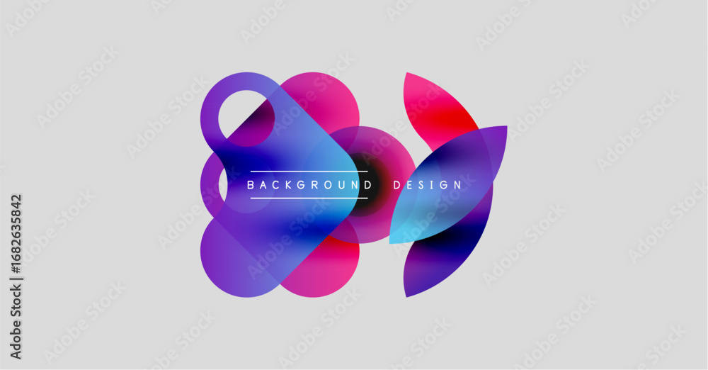 Fototapeta premium Abstract shapes overlap, creating vibrant color gradients. Text reads background design centered above gray backdrop. Modern, minimalist aesthetic.