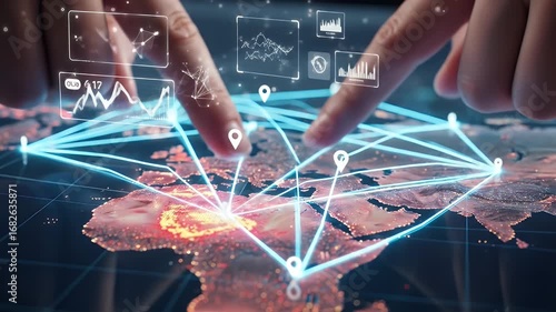 Breaking News Hands Interacting With Digital World Map Displaying Global Connection and Data Visualization