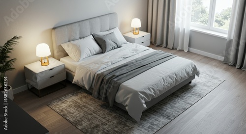 Modern Bedroom Interior with Bed Lamps and Curtains.
