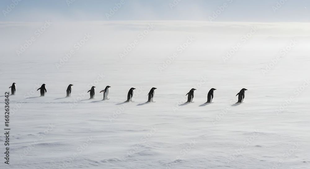 Fototapeta premium A line of penguins waddling across a vast, snowy landscape under a bright, overcast sky. Iceland Antarctica view of ice bergs icy landscape. Snow and ices of the Antarctic islands.
