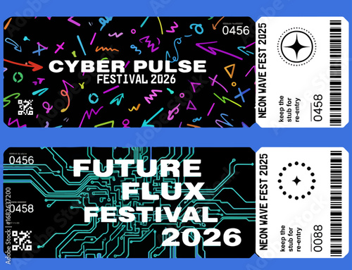 Modern ticket template for an event or festival, featuring vibrant neon gradients. Mockup ticket with stub. Futuristic design elements on 4 templates. Pass to enter the event. Vector Ticket Mockup.