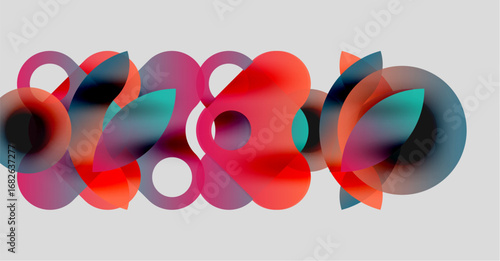 Abstract composition featuring overlapping translucent circles. Red, teal, pink hues blend creating dynamic visual effect. Minimalist design.