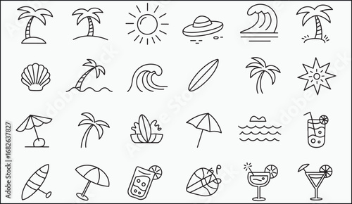A hand-drawn vector sketch of a vintage summer vacation with beach icons and travel symbols