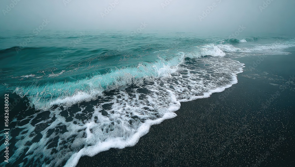 Fototapeta premium Misty ocean wave breaking on dark sand beach