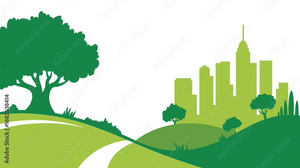 Obraz premium Urban Greenscape Illustration A Nature-Integrated Cityscape with Lush Greenery and Architectural Skyline, Promoting Sustainable Living