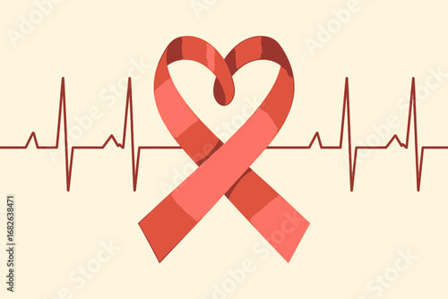 Heart-shaped ribbon symbolizing love and cardiac health against a backdrop of an electrocardiogram waveform