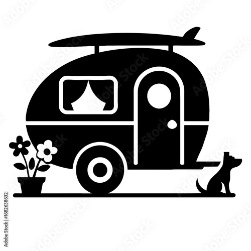 Silhouette of a vintage teardrop camper with a surfboard, dog, and flowers, symbolizing adventure and van life