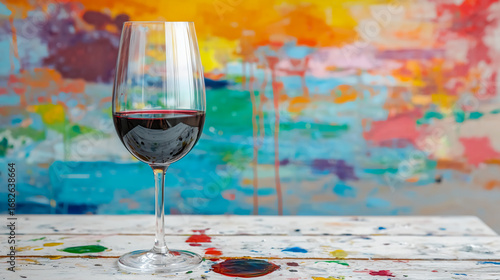 A vibrant, artistic background features a wine glass filled with red wine, resting on a paint-splattered table, creating a lively ambiance.