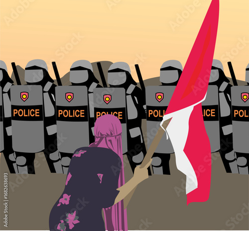 Vector illustration of an elderly Indonesian female protester wearing a headscarf and holding the national flag while facing a line of riot police officers in full gear
