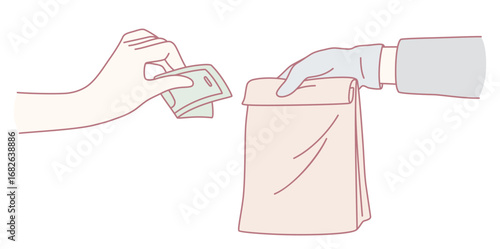 An illustration depicting a cash transaction that showcases the exchange of money for a bag full of items